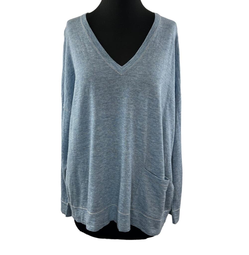 EILEEN FISHER Blue Top Merino Wool Alpaca Ribbed V-Neck Dropped Shoulder S M L?